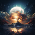 Leuchtender Lebensbaum auf Felseninsel vor riesigem Vollmond, Spiegelung im Wasser | Glowing tree of life on rocky island before giant full moon, reflection in water