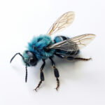 Blaue Wildbiene mit türkisem Pelz und transparenten Flügeln auf weißem Grund | Blue wild bee with turquoise fur and transparent wings on white background