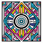 Symmetrisches Mandala mit konzentrischen Kreisen, Rauten in Pink, Cyan, Gelb | Symmetric mandala with concentric circles, diamonds in pink, cyan, yellow