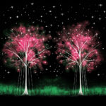 Zwei leuchtend pinke Zauberbäume mit weißen Ästen unter sternenklarem Nachthimmel | Two glowing pink magic trees with white branches under a starry night sky