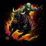 Astronaut reitet wilden schwarzen Stier, Pop-Art mit Farbexplosion | Astronaut riding wild black bull, pop art with color explosion