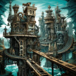 Steampunk-Fantasiestadt mit Türmen, Zahnrädern und Holzbrücken über türkisem Wasser | Steampunk fantasy city with towers, gears and wooden bridges over turquoise water