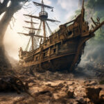 Verwittertes Segelschiff-Wrack strandet auf felsigem Küstengrund, umgeben von Treibholz | Weathered sailing ship wreck stranded on rocky shore, surrounded by driftwood and mist