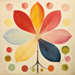 Abstrakte Blüte mit sieben bunten Blättern in Rot, Blau, Gelb und Rosa, umgeben von Kreisen | Abstract flower with seven colorful petals in red, blue, yellow and pink, surrounded by circles