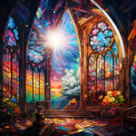 Gotisches Kircheninterieur mit leuchtenden Buntglasfenstern und strahlendem Sonnenlicht | Gothic church interior with vibrant stained glass windows and radiant sunlight bursting through