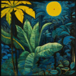 Gemälde: Tropischer Dschungel bei Nacht mit gelbem Vollmond, üppigen Blättern in Blau-Grün | Painting: Tropical jungle at night with yellow full moon, lush leaves in blue-green tones