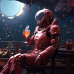 Roter Raumanzug-Roboter sitzt mit Cocktailglas vor Weltall-Panorama | Red space suit robot sitting with cocktail glass before cosmic panorama