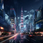 Futuristische Metropole bei Nacht: leuchtender Wolkenkratzer, nasse Straße mit Lichtspuren | Futuristic metropolis at night: glowing skyscraper, wet street with light trails, neon signs