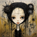 Gothisches Mädchen mit großen Augen, schwarzen Zöpfen und stacheligen Kreaturen, abstraktem Hintergrund | Gothic girl with big eyes, black buns, spiky creatures, abstract golden background with symbols