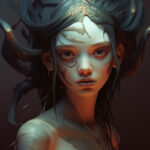 Digitales Fantasy-Portrait: Weibliches Wesen mit Hörnern, weißer Maske und Gesichtstattoo | Digital fantasy portrait: female creature with horns, white mask and facial tattoo markings