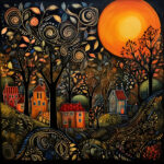 Folkloristische Dorfszene mit Häusern, ornamentalen Bäumen und großem orangen Mond | Folkloric village scene with houses, ornamental trees and large orange moon