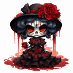 Gothic Chibi-Puppe mit Totenkopf-Make-up, schwarzem Hut, roten Rosen und Kleid | Gothic chibi doll with skull makeup, black hat, red roses and dark dress