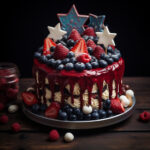 Patriotische Torte mit rotem Drip, Beeren und Sterndekorationen in Blau-Weiß | Patriotic drip cake with red glaze, fresh berries, and blue-white star decorations