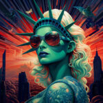 Freiheitsstatue als coole Frau mit Sonnenbrille, blonden Locken, NYC-Skyline | Statue of Liberty as cool woman with sunglasses, blonde curls, NYC skyline