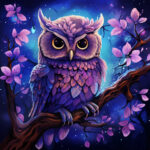 Digitale Illustration: Lila Eule mit goldenen Augen auf nächtlichem Ast mit rosa Blättern | Digital illustration: purple owl with golden eyes perched on nocturnal branch with pink leaves