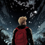 Blonder Mann mit rotem Rucksack blickt in sternenklaren Nachthimmel, Comic-Stil | Blond man with red backpack gazes at starry night sky, comic book style