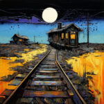 Expressives Gemälde: Bahngleise führen zu beleuchtetem Bahnhof unter Vollmond | Expressive painting: railway tracks lead to lit station under full moon