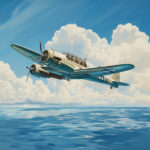 WWII-US-Marinebomber fliegt tief über blauem Ozean, Wolken im Hintergrund | WWII US Navy bomber flying low over blue ocean with cumulus clouds in background
