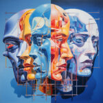 Surrealistische Überlagerung mehrerer menschlicher Gesichter in Blau, Orange und Rot mit Gitterlinien | Surrealist overlapping human faces in blue, orange and red tones with geometric grid lines