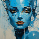 Blau bemaltes Frauengesicht mit goldbraunen Augen hinter gebrochenem Glas | Blue-painted woman's face with amber eyes behind shattered glass