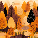 Flache Illustration eines Herbstwaldes in Orange, Braun und Schwarz | Flat illustration of an autumn forest in orange, brown and black