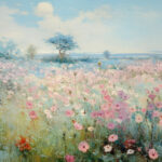 Impressionistisches Ölgemälde: Blühende Wiese mit rosa Wildblumen, Baum, Horizont | Impressionist oil painting: blooming meadow with pink wildflowers, tree, and horizon
