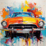 Expressives Gemälde eines orangegelben Oldtimers, bunte Farbspritzer | Expressive painting of an orange-yellow vintage car with colorful paint splashes