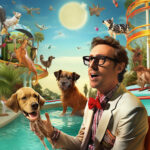 Mann mit Brille und roter Fliege hält Hund in surrealem Tierpark-Collage | Man with glasses and red bow tie holds dog in surreal animal park collage