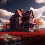 Verfallenes rotes Viktorianisches Haus mit Dornenranken, umgeben von roter Vegetation | Decayed red Victorian house with thorn vines, surrounded by red vegetation