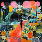 Schwarze Silhouette geht roten Pfad durch bunten abstrakten Garten mit Pflanzen | Black silhouette walks red path through colorful abstract garden with plants