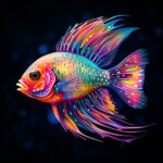 Leuchtend bunter Fisch mit fließenden Flossen in Neonfarben auf schwarzem Grund | Vibrant neon-colored fish with flowing fins and intricate patterns on black background