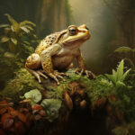 Goldgelbe Kröte mit warziger Haut sitzt auf bemostem Stein im Regenwald | Golden-yellow warty toad perched on moss-covered stone in rainforest