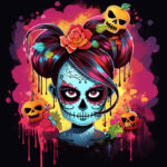 Sugar Skull Frau mit roter Rose, Kürbis-Totenschädeln, pinkem Graffiti-Hintergrund | Sugar skull woman with red rose, pumpkin skulls, pink graffiti background