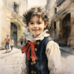 Aquarell: Lächelnder Junge in historischer Tracht mit rotem Halstuch auf Kopfsteinpflatz | Watercolor: Smiling boy in historic costume with red neckerchief on cobblestone square