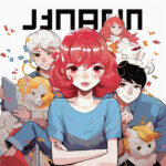 Anime-Gruppe mit rothaariger Protagonistin, zwei Katzen und Konfetti, Schriftzug oben | Anime group with red-haired protagonist, two cats and confetti, lettering above