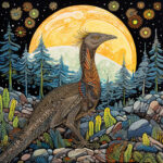 Ornamentales Dinosaurier-Vogelwesen vor goldenem Mond, Nadelwälder, Blüten | Ornate dinosaur-bird creature before golden moon, conifer forest, flowers