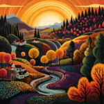 Stilisierte Herbstlandschaft mit Fluss, Häusern und leuchtendem Sonnenuntergang | Stylized autumn landscape with winding river, houses and glowing sunset sky