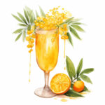 Aquarell: Sektglas mit Orangensaft, gelben Beeren, Palmblättern und Orangenscheibe | Watercolor: champagne flute with orange juice, yellow berries, palm leaves and orange slice