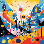 Radfahrer-Silhouette in bunter abstrakter Landschaft mit strahlender Sonne und Kreisen | Cyclist silhouette in vibrant abstract landscape with radiant sun and colorful circles