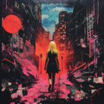 Blonde Frau in schwarzem Kleid durchquert dystopische Stadtruine in Neonrot | Blonde woman in black dress walks through dystopian neon-red urban ruins
