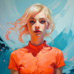 Digitales Portrait: Blonde Frau in orangerotem Hemd vor türkisem Pinselstrich-Hintergrund | Digital portrait: Blonde woman in orange-red shirt against turquoise brushstroke background