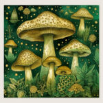 Illustrierte Pilzgruppe in Gold-Grün mit Punkten, Blättern und botanischen Details | Illustrated mushroom cluster in gold-green with dots, leaves and botanical details