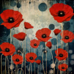 Rote Mohnblumen mit schwarzen Mitten auf blau-grungy Hintergrund mit Kreisen | Red poppies with black centers on blue grunge background with circular shapes