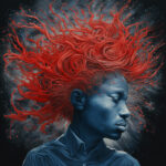 Blau getöntes Porträt mit explodierenden roten Fäden als Haar, digitale Kunst | Blue-toned portrait with exploding red threads as hair, digital art