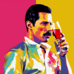 Pop-Art-Portrait: Mann mit Schnurrbart hält Rotweinglas, pinker und gelber Hintergrund | Pop-art portrait: man with mustache holding red wine glass, pink and yellow background