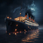 Titanic-ähnliches Dampfschiff mit leuchtenden Bullaugen auf nächtlichem Ozean | Titanic-like ocean liner with glowing portholes sailing on a dark nightly sea