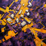 Abstrakte Vogelperspektive einer Stadt in Lila und Gold mit weißen Gebäuden | Abstract aerial cityscape in purple and gold with white geometric buildings