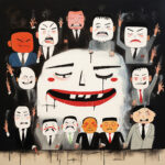 Satirisches Gemälde: Großes weißes Gesicht mit rotem Mund, umgeben von wütenden Männern in Anzügen | Satirical painting: Large white face with red mouth, surrounded by angry men in suits