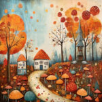 Märchendorf im Herbst mit bunten Pilzen, Häuschen und orangefarbenen Bäumen | Fairy-tale autumn village with colorful mushrooms, cottages and orange trees