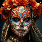Frau mit buntem Día de los Muertos Gesichtsbemalung, rotem Blumenkranz und Goldschmuck | Woman with colorful Día de los Muertos face paint, red flower crown and gold jewelry